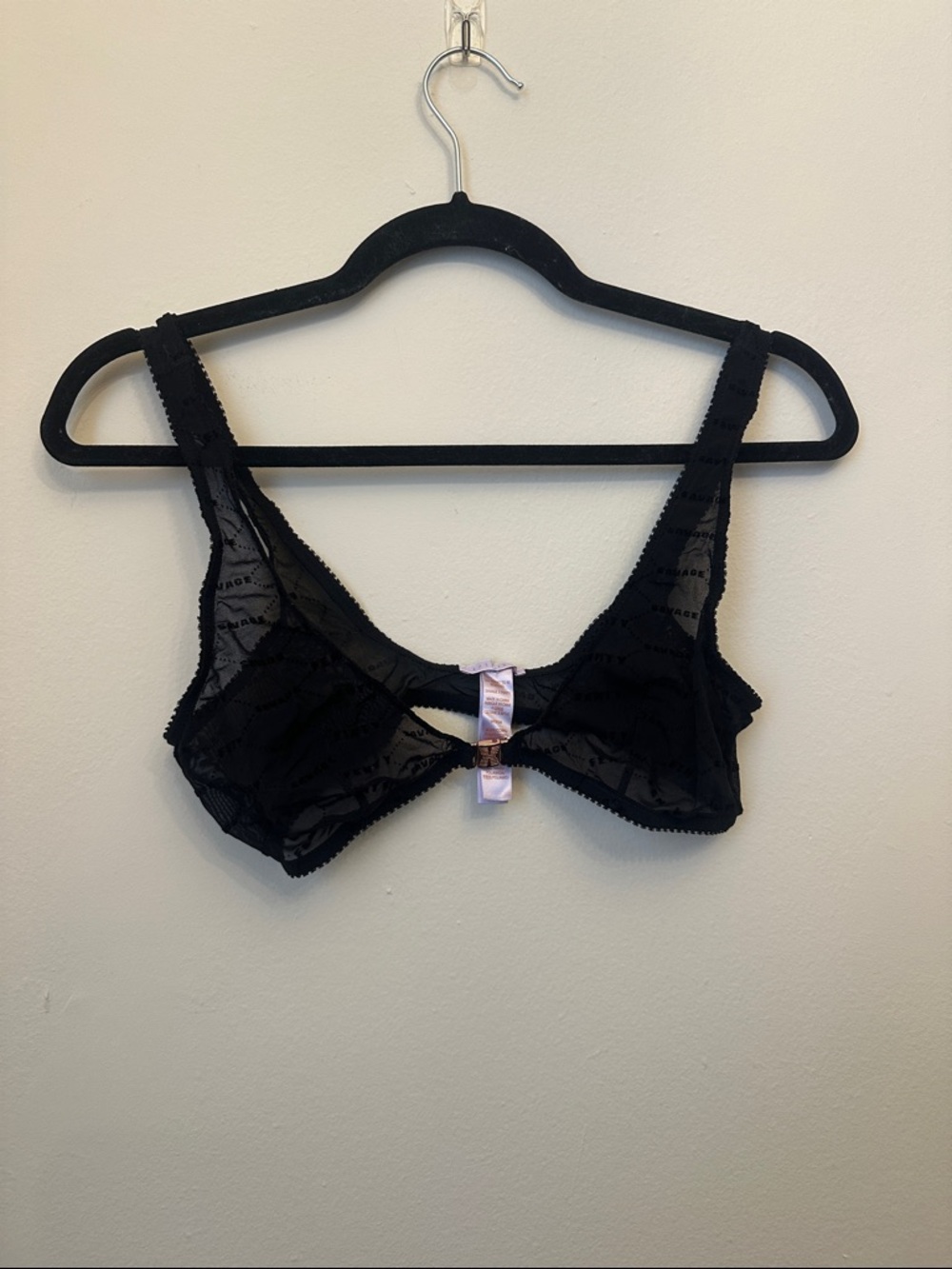Savage X Fenty Black Lace Mesh Bralette Lingerie Sz M Rose Gold Front Clasp